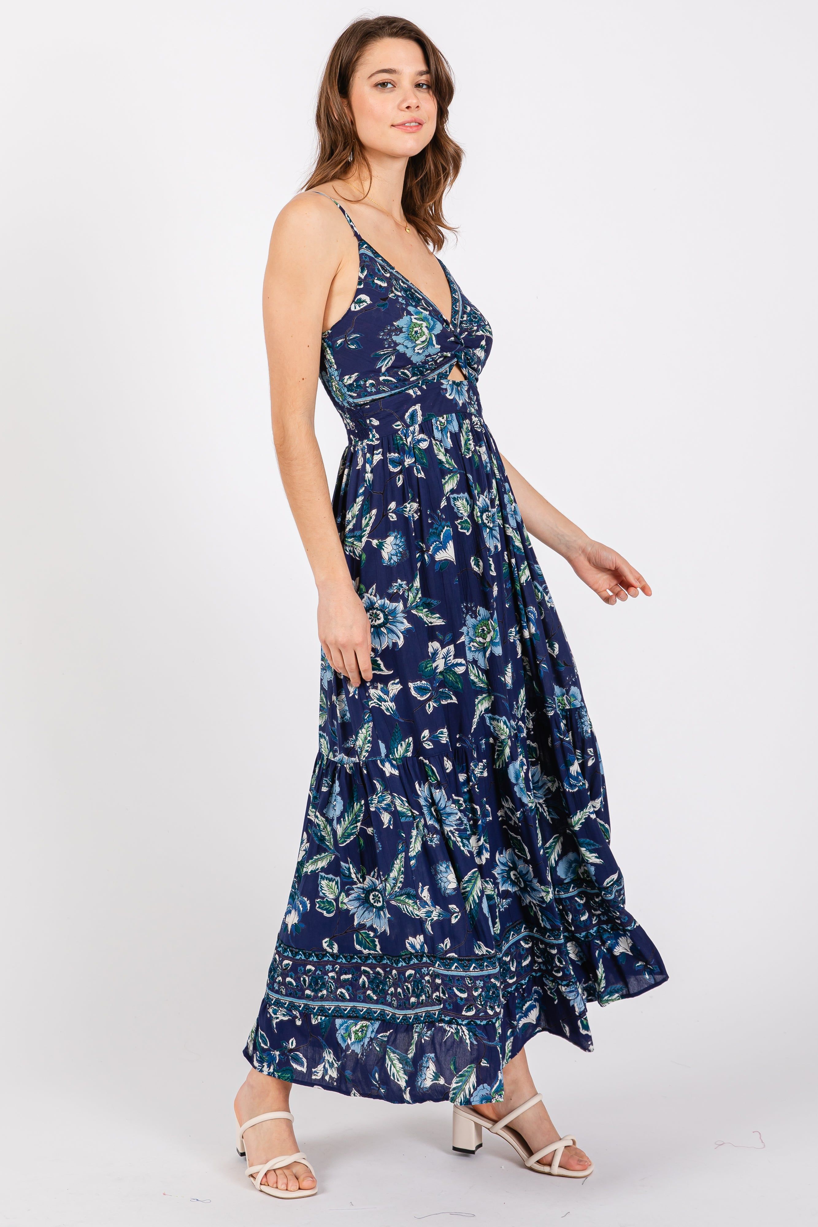 Navy Blue Floral Front Knot Twist Maxi Dress sold by Pinkblush product image thumbnail 2