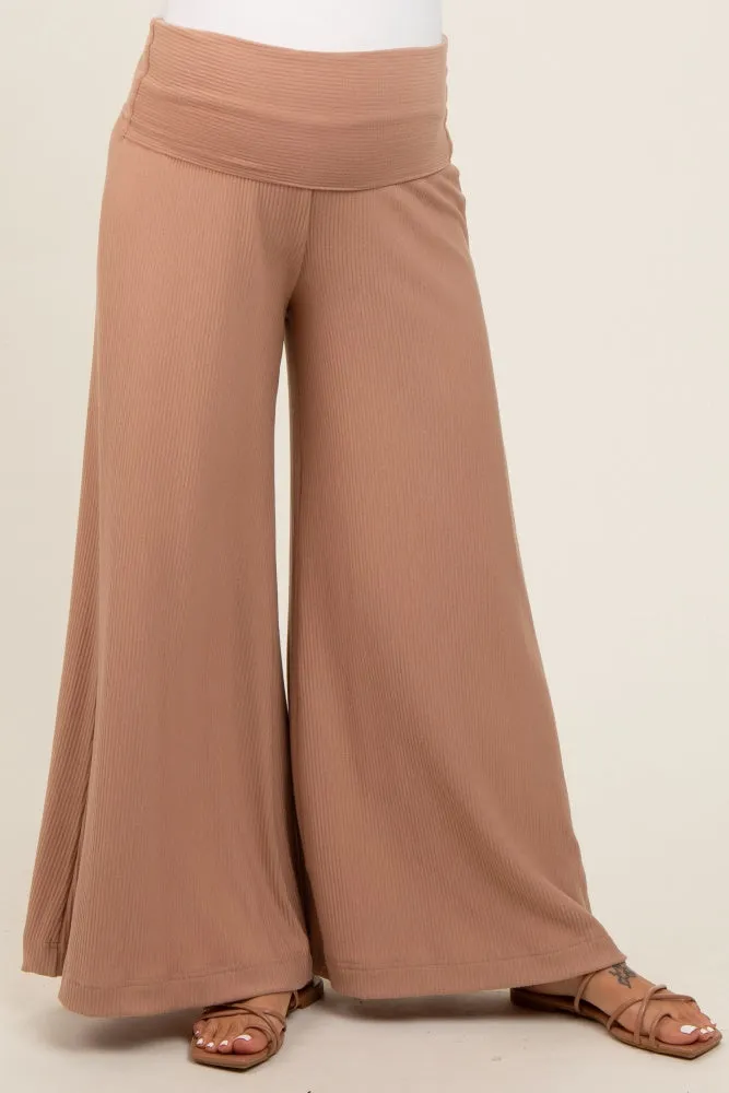 Mocha Ribbed Foldover Waist Maternity Wide Leg Pants sold by Pinkblush product image thumbnail 3