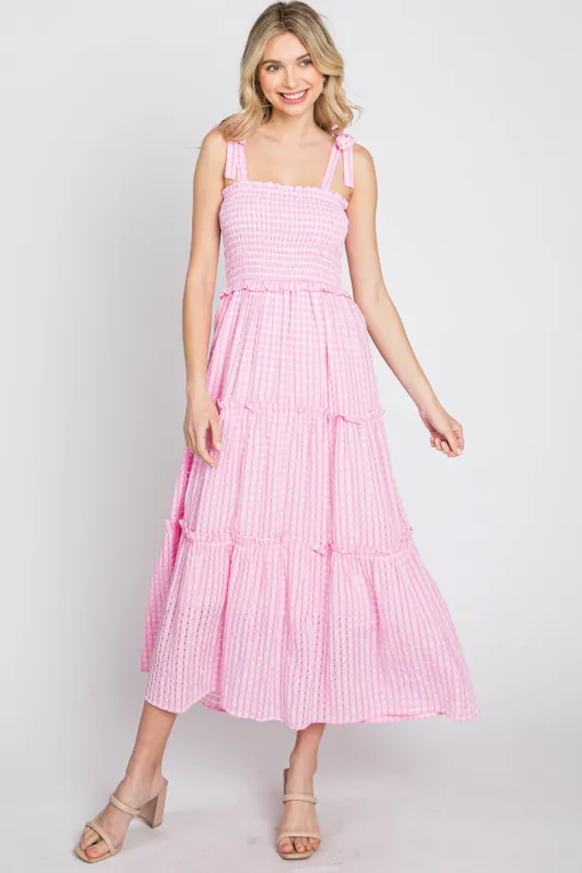 Pink Striped Smocked Shoulder Tie Midi Dress sold by Pinkblush