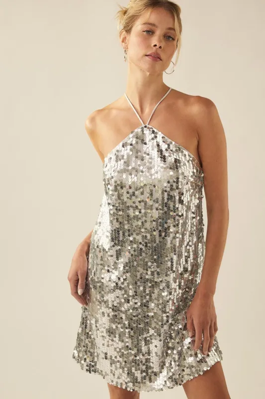 Silver Metallic Sequin Halter Neck Party Mini Dress sold by Pinkblush