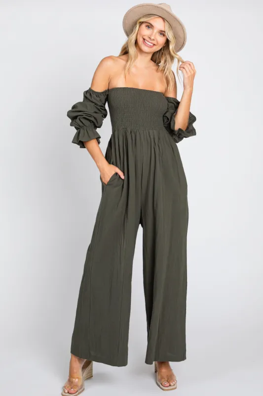 Olive Linen Smocked Off Shoulder Wide Leg Jumpsuit sold by Pinkblush