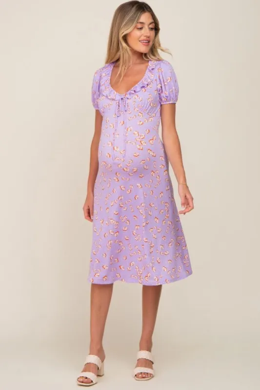Lavender Floral Ruffle V-Neck Front Tie Maternity Dress sold by Pinkblush
