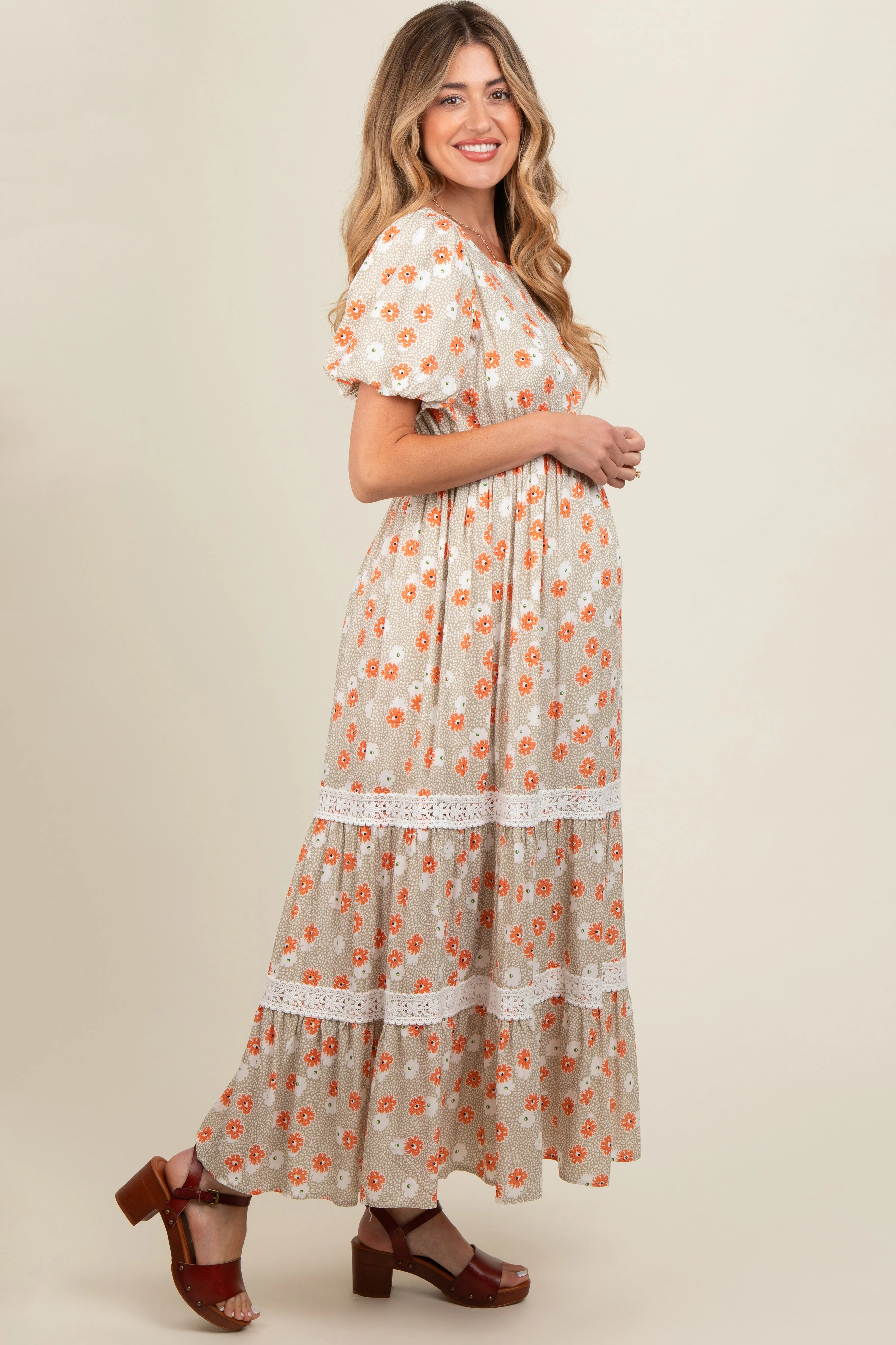 Taupe Floral Lace Trim Maternity Maxi Dress sold by Pinkblush product image thumbnail 3