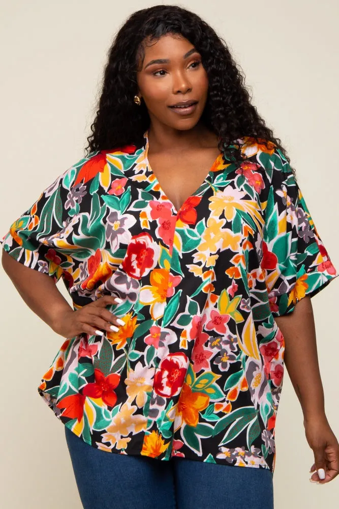 Black Floral V-Neck Plus Blouse sold by Pinkblush