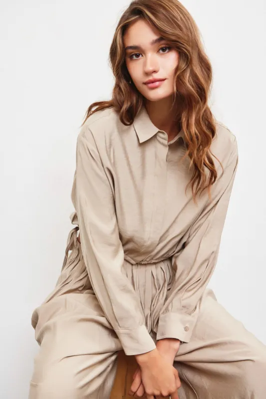 Ash Taupe Draw String Button Up Top sold by Pinkblush