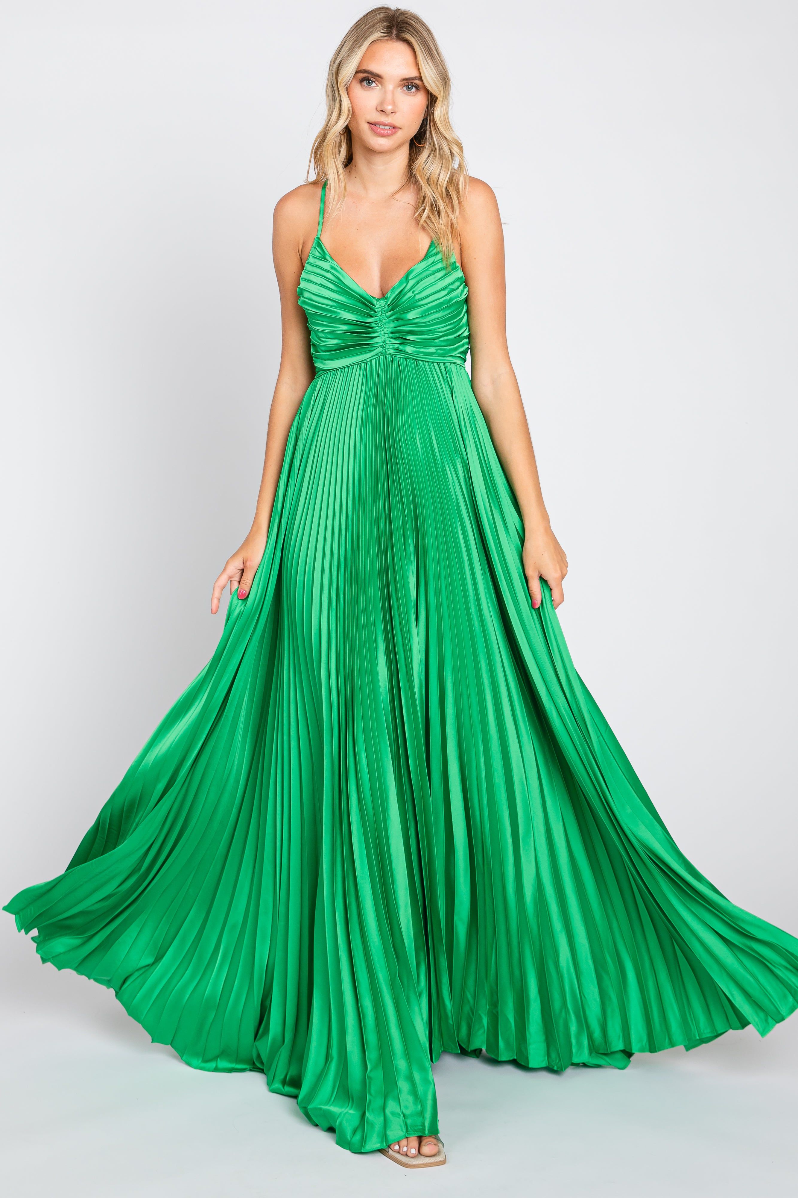 Green Satin Pleated Cutout Gown sold by Pinkblush