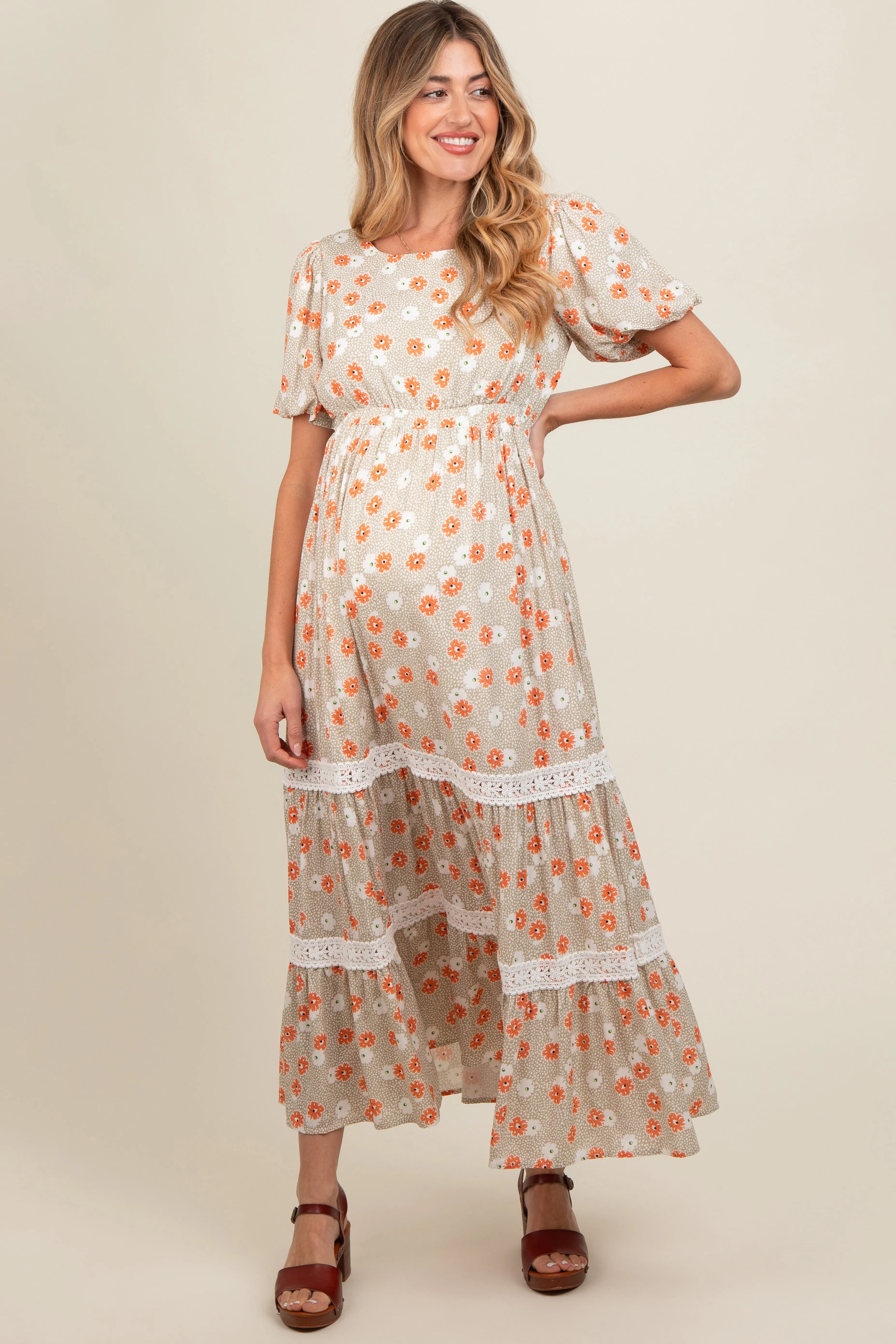 Taupe Floral Lace Trim Maternity Maxi Dress sold by Pinkblush