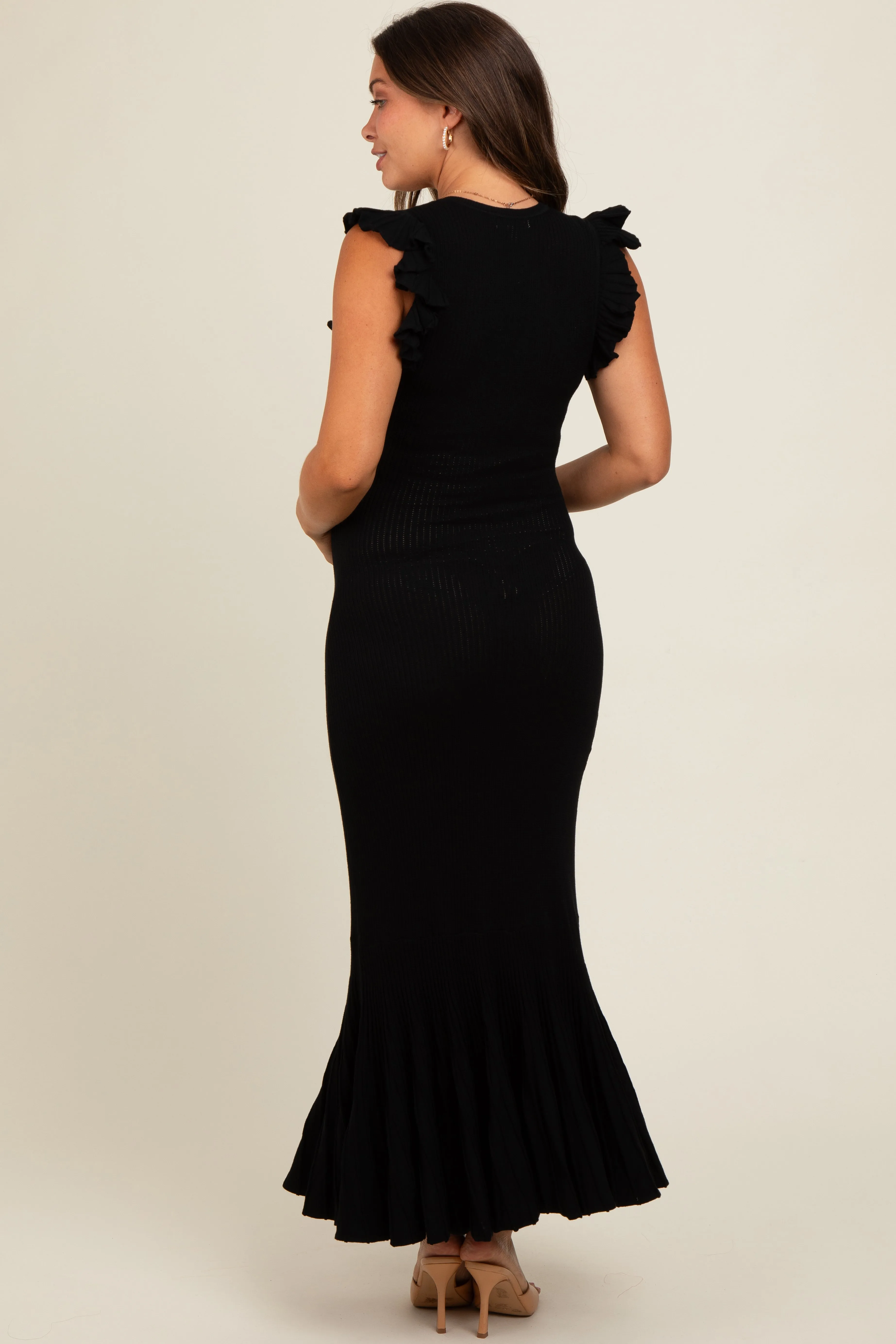 Black Ruffle Sleeve Mermaid Hem Maternity Midi Dress sold by Pinkblush product image thumbnail 3