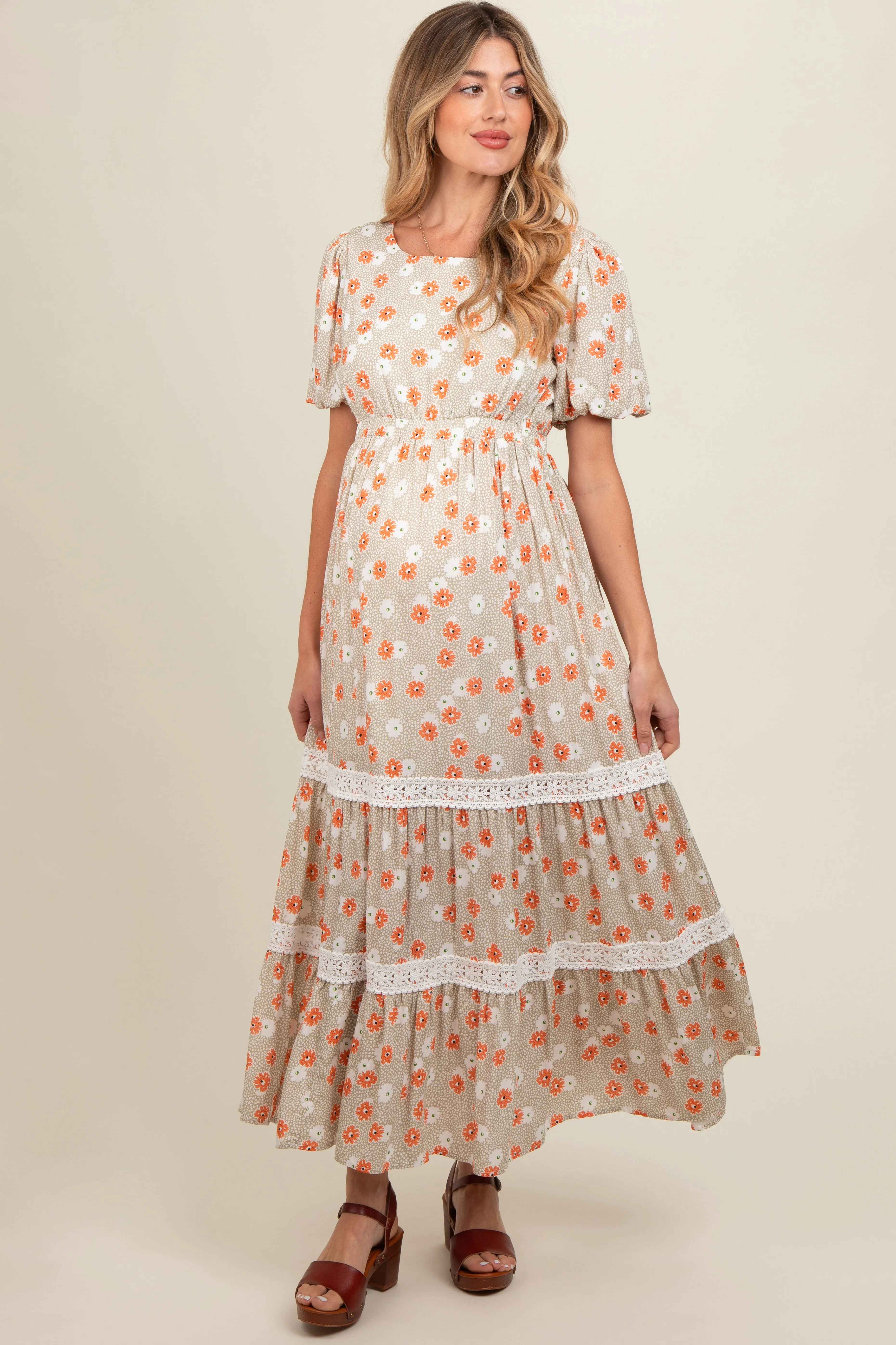 Taupe Floral Lace Trim Maternity Maxi Dress sold by Pinkblush product image thumbnail 2