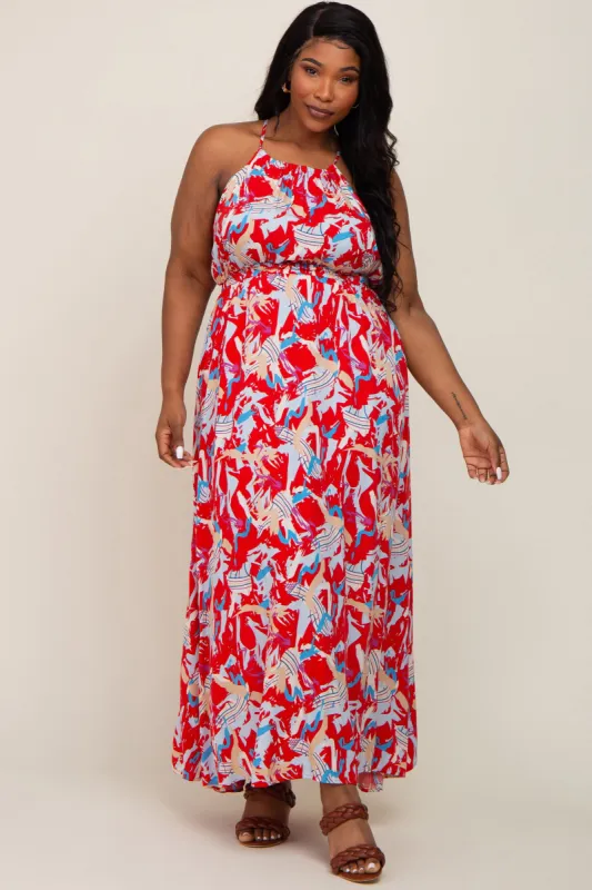 Red Printed Halter Smocked Waist Plus Maxi Dress sold by Pinkblush