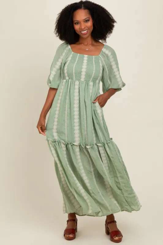 Light Olive Embroidered Detail Smocked Top Maxi Dress sold by Pinkblush