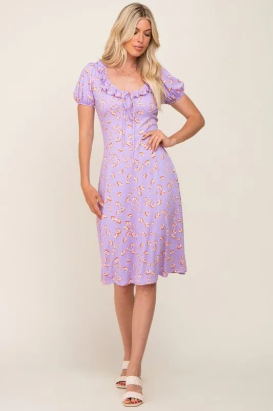 Lavender Floral Ruffle V-Neck Front Tie Dress sold by Pinkblush