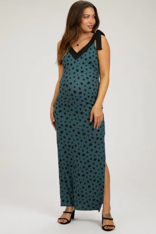 Teal Ribbed Polka Dot Shoulder Tie Maternity Maxi Dress sold by Pinkblush