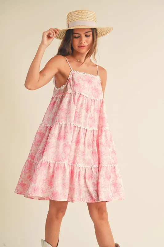 Pink Floral Tiered Scallop Trim Mini Dress sold by Pinkblush