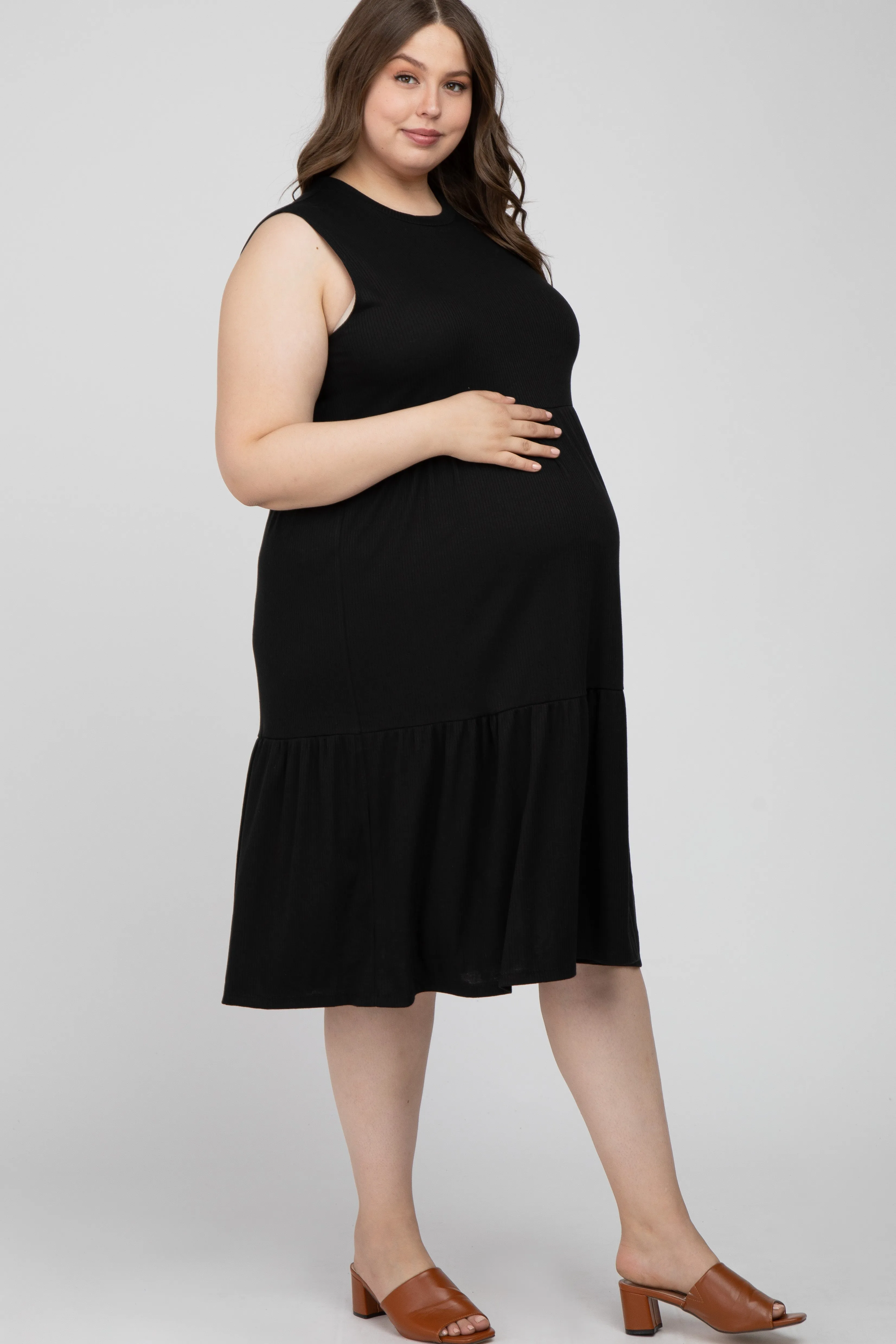 Black Ribbed Sleeveless Plus Maternity Midi Dress sold by Pinkblush