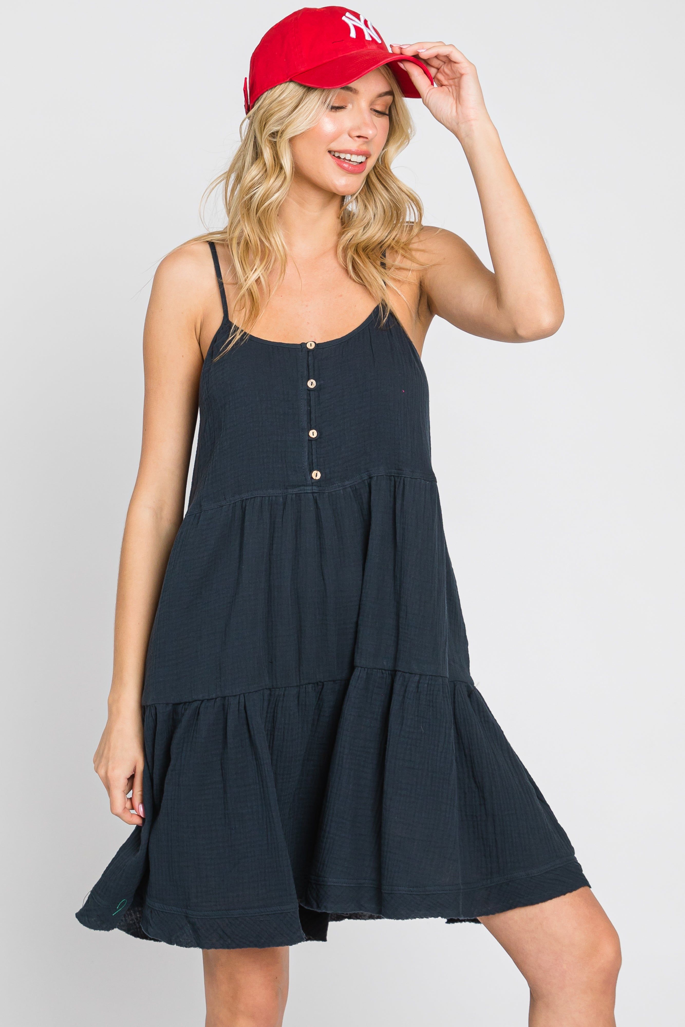 Navy Front Button Tiered Maternity Dress sold by Pinkblush product image thumbnail 4