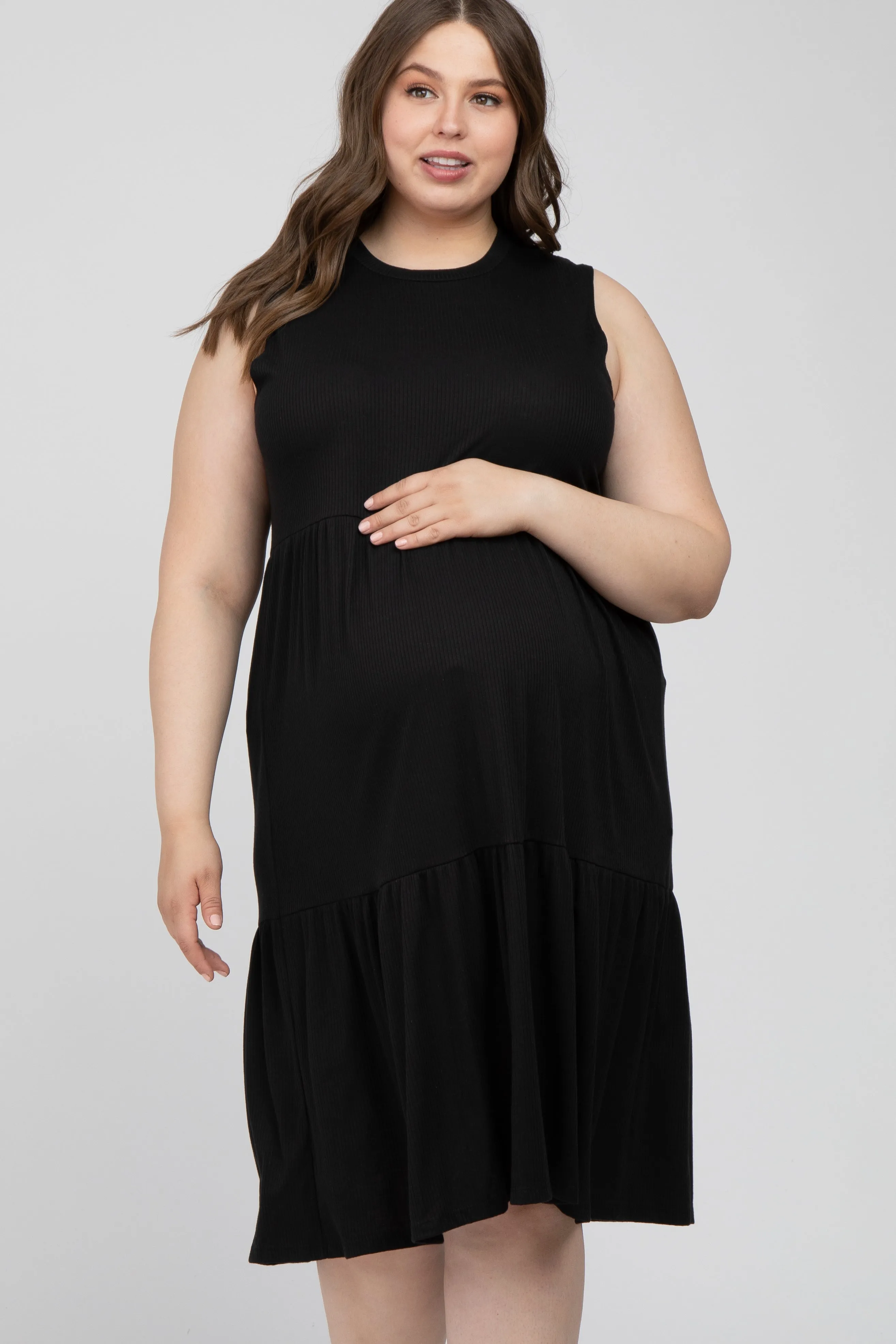 Black Ribbed Sleeveless Plus Maternity Midi Dress sold by Pinkblush product image thumbnail 2