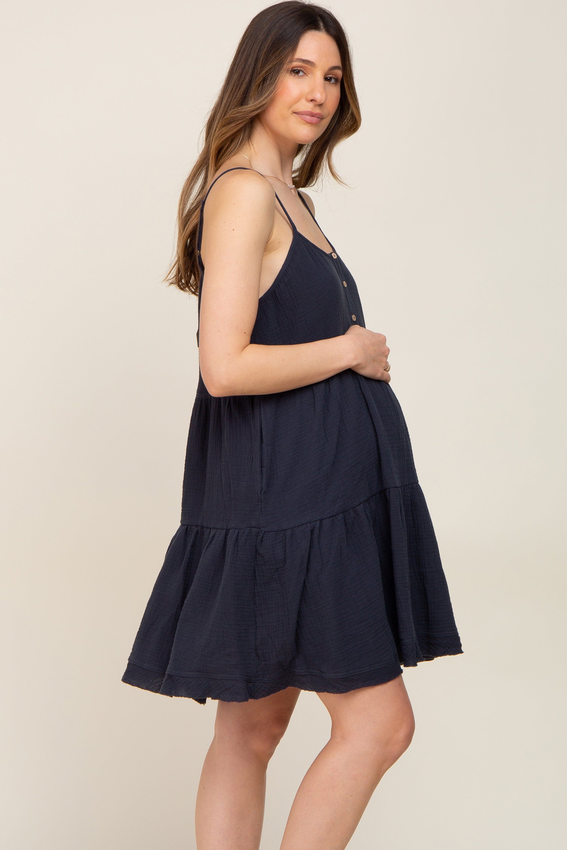 Navy Front Button Tiered Maternity Dress sold by Pinkblush product image thumbnail 2