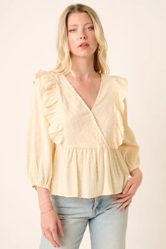 Beige Swiss Dot Texture Ruffle Detail Peplum Blouse sold by Pinkblush