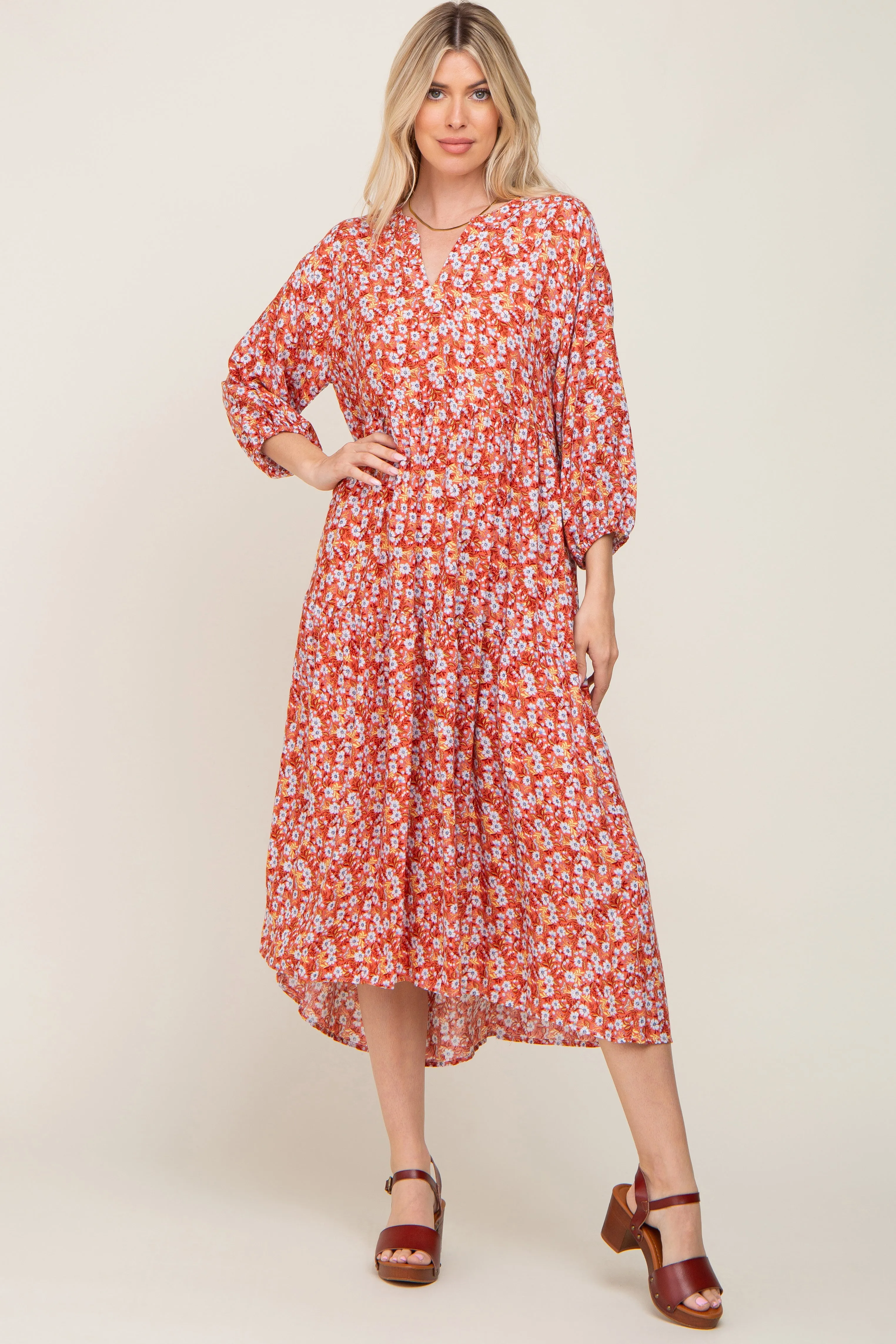Coral Floral V-Neck Tiered Midi Dress sold by Pinkblush