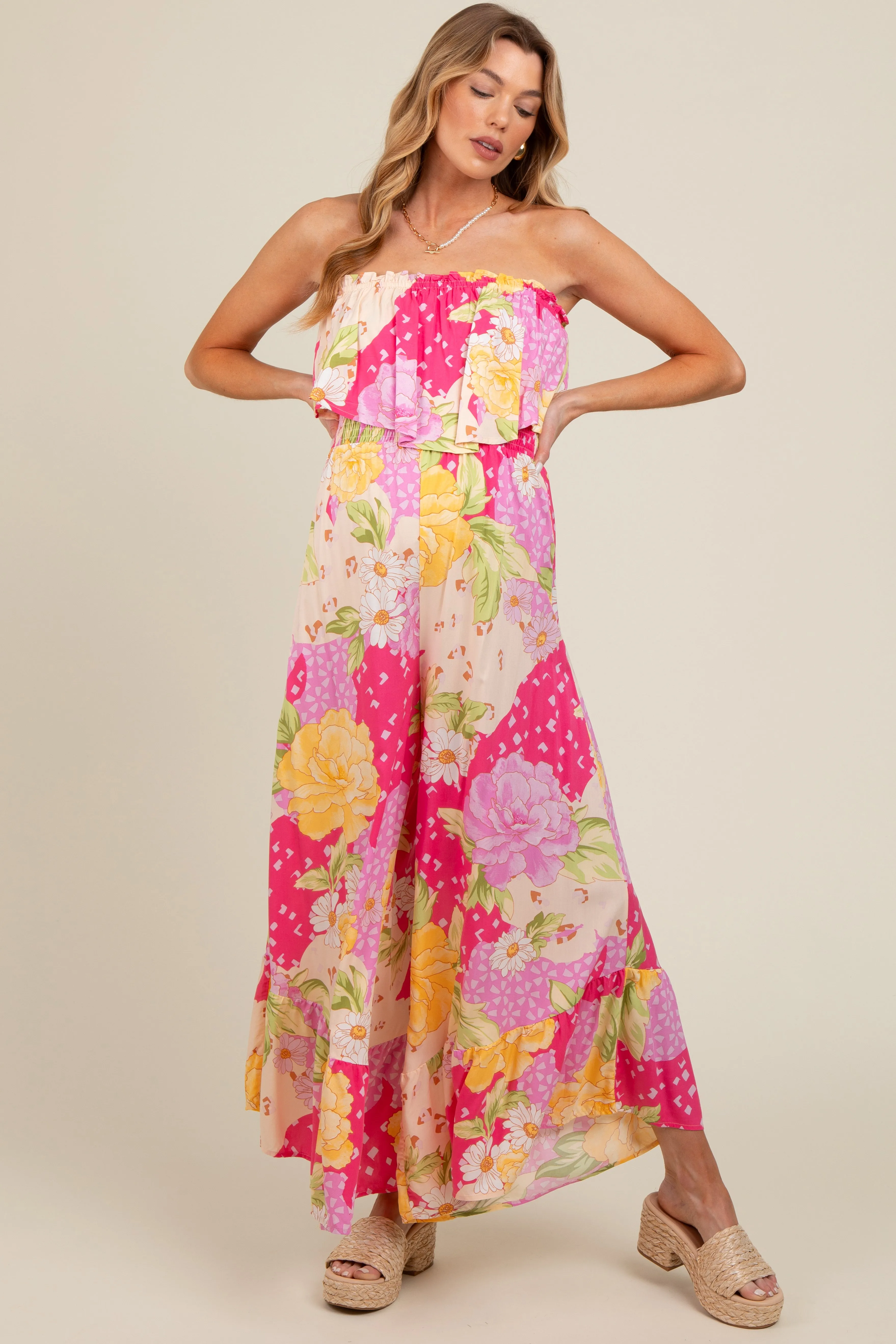 Multi-Color Floral Strapless Ruffle Wide Leg Maternity Jumpsuit sold by Pinkblush product image thumbnail 2