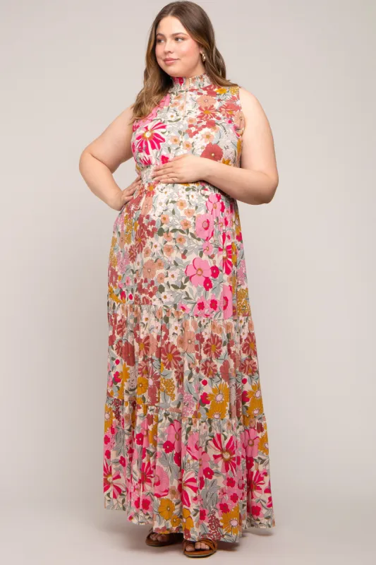 Pink Floral Mock Neck Maternity Plus Maxi Dress sold by Pinkblush