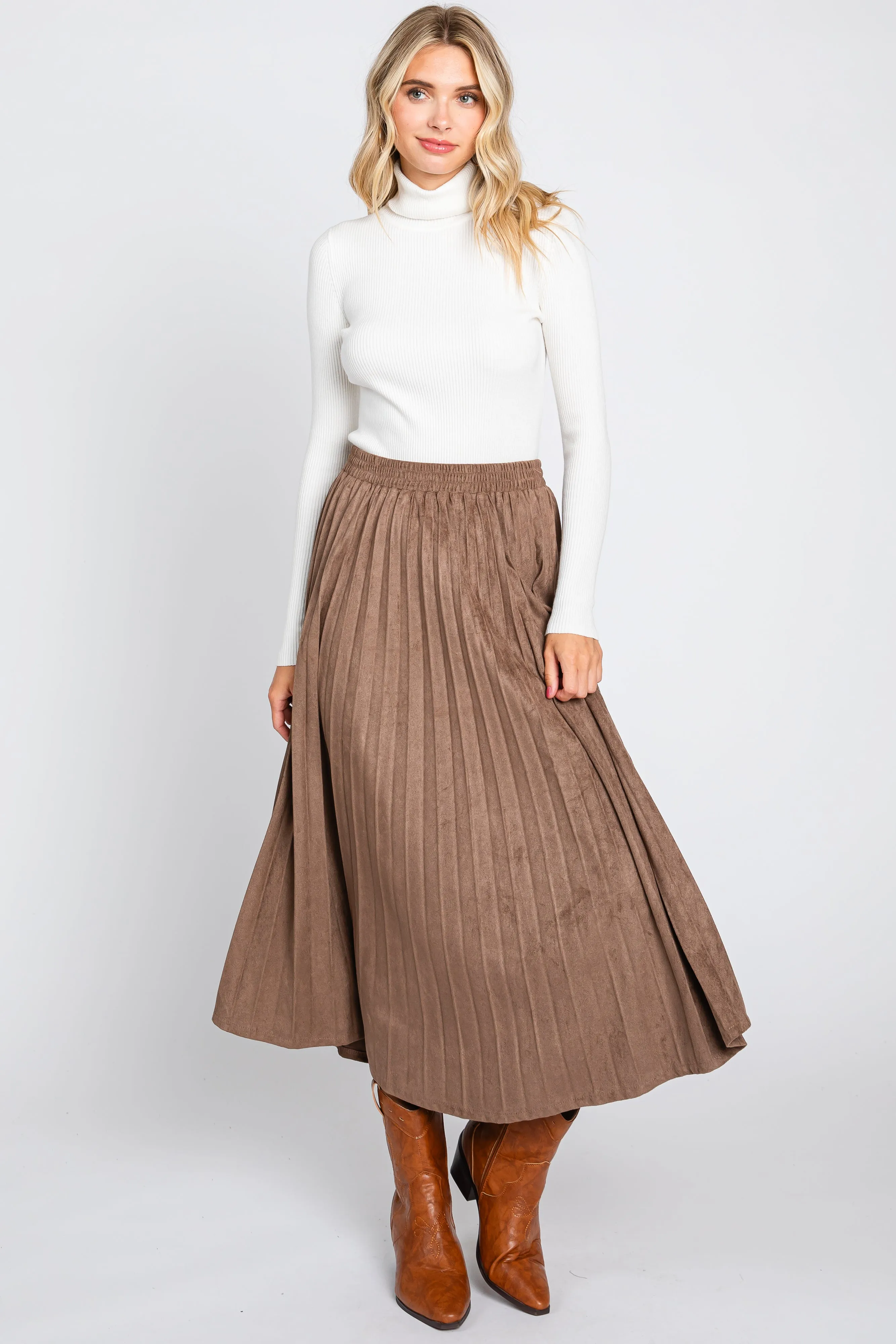 Mocha Suede Pleated Midi Skirt sold by Pinkblush