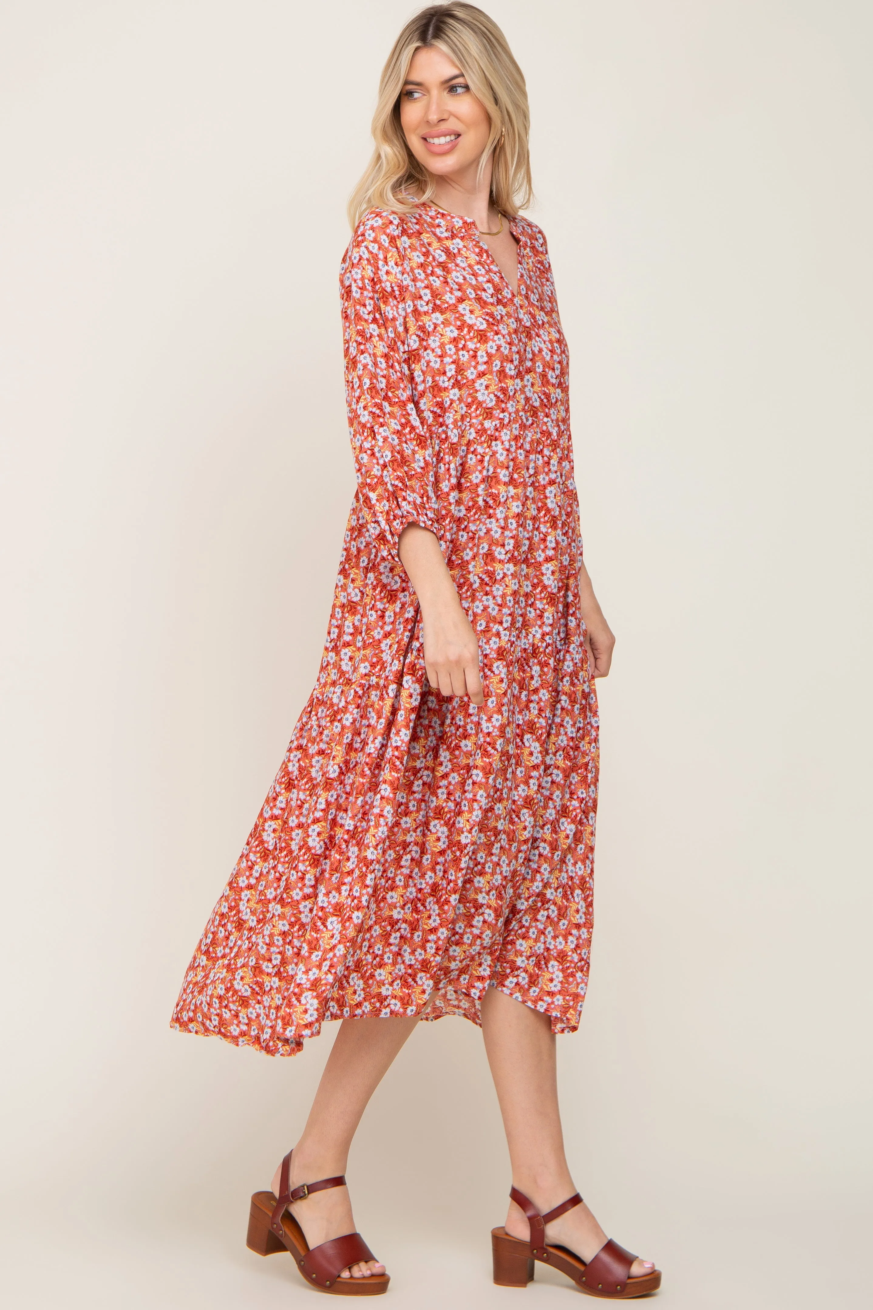 Coral Floral V-Neck Tiered Midi Dress sold by Pinkblush product image thumbnail 2