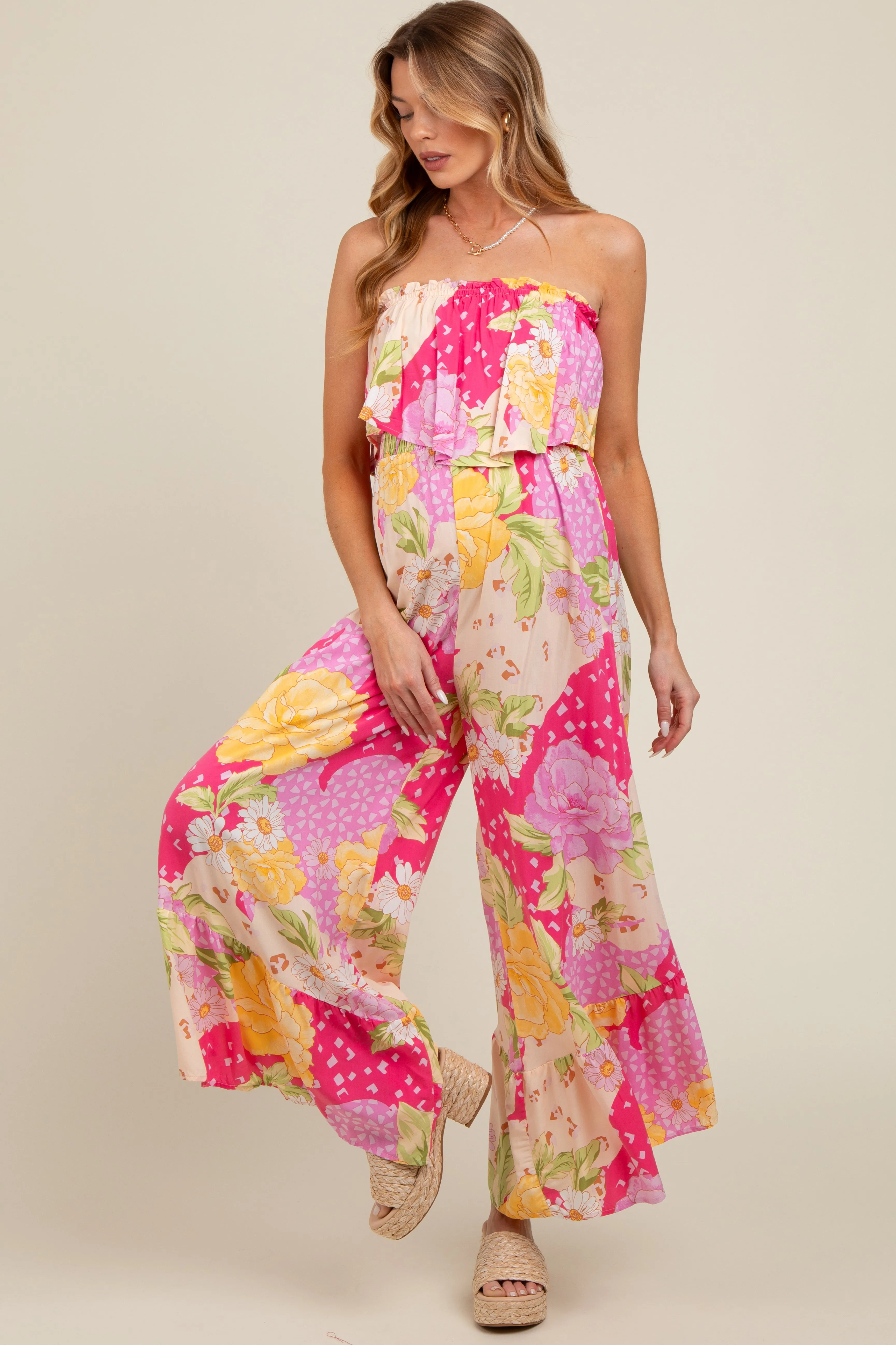 Multi-Color Floral Strapless Ruffle Wide Leg Maternity Jumpsuit sold by Pinkblush product image thumbnail 3
