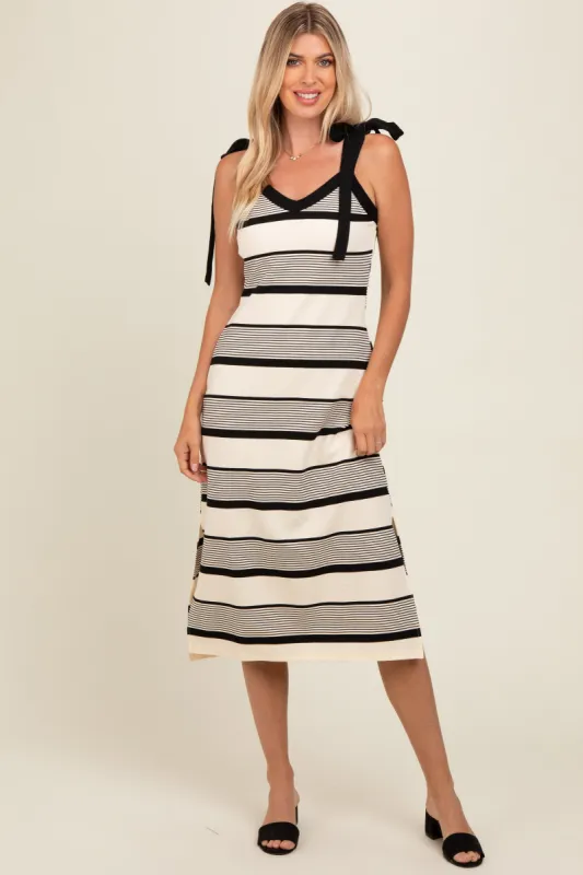 Cream Striped Shoulder Tie Side Slit Midi Dress sold by Pinkblush