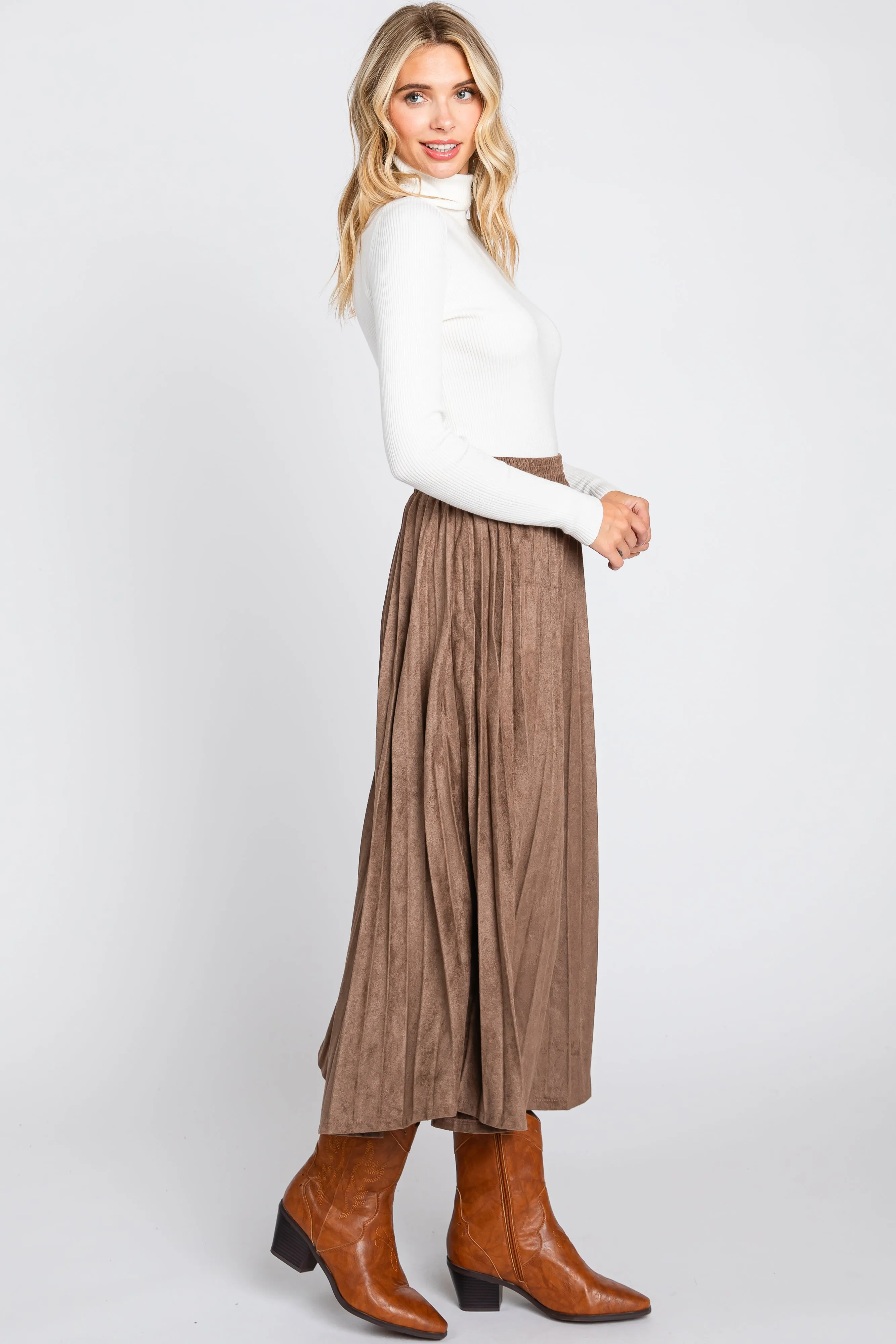 Mocha Suede Pleated Midi Skirt sold by Pinkblush product image thumbnail 2