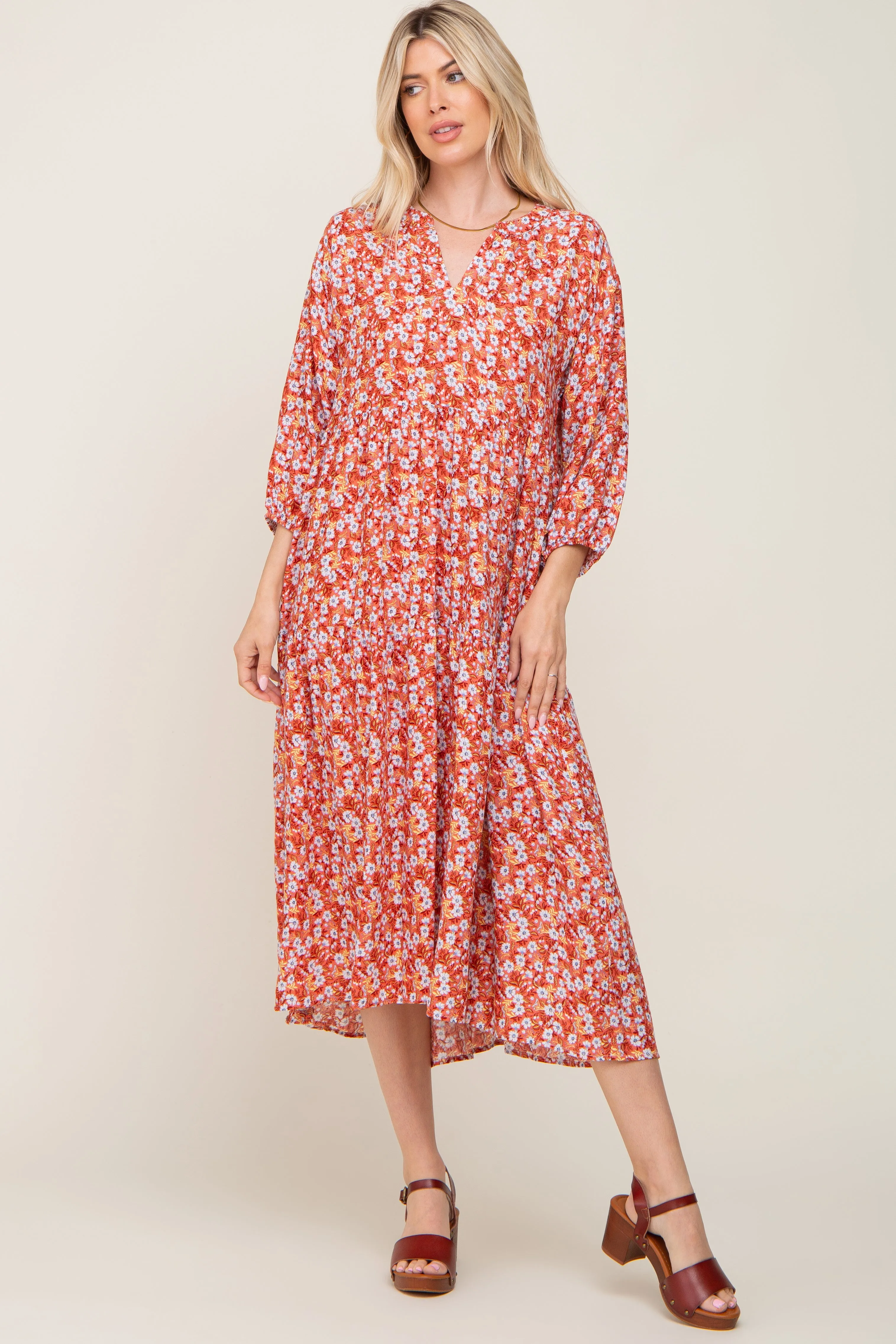 Coral Floral V-Neck Tiered Midi Dress sold by Pinkblush product image thumbnail 5
