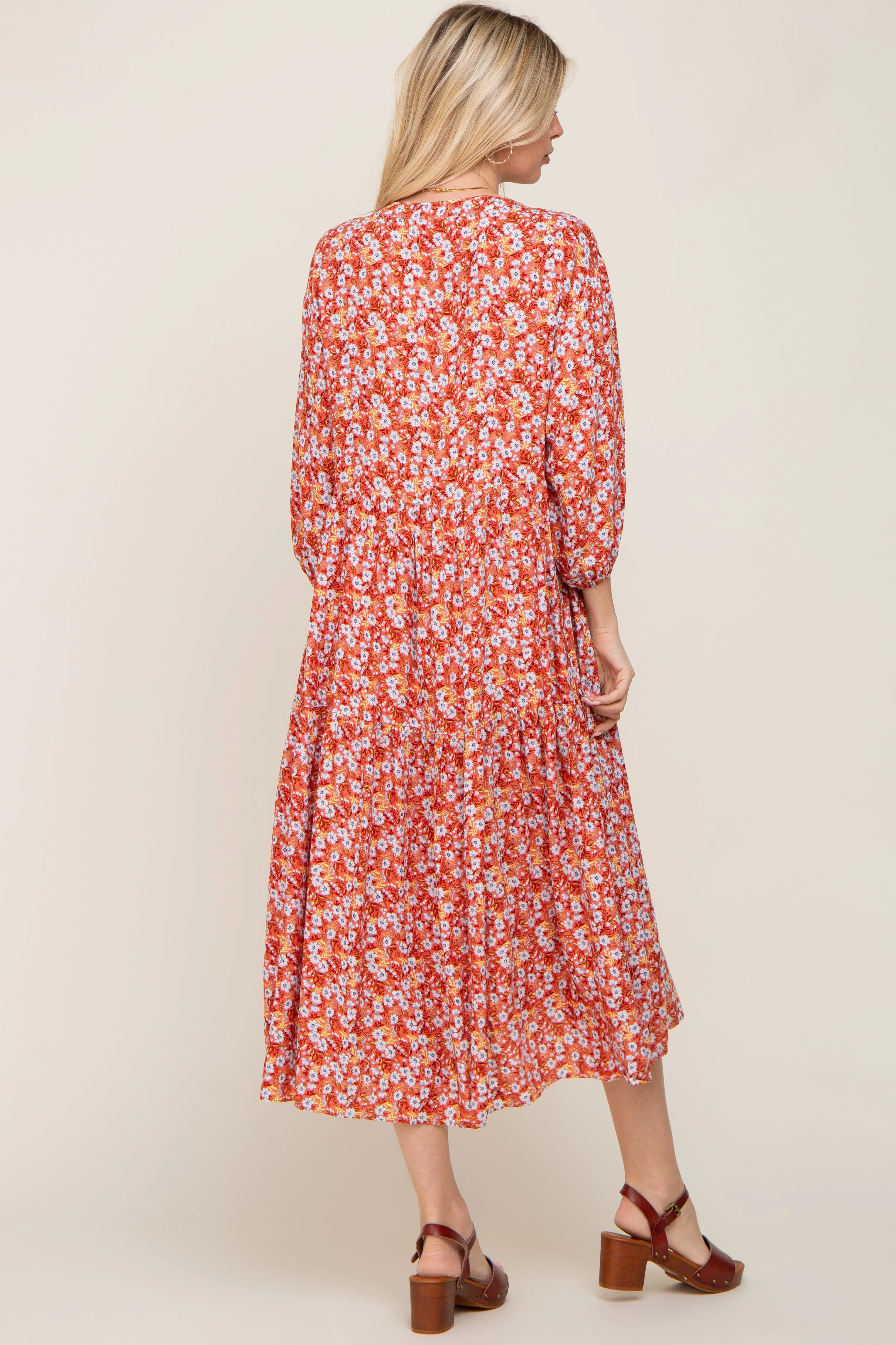 Coral Floral V-Neck Tiered Midi Dress sold by Pinkblush product image thumbnail 3