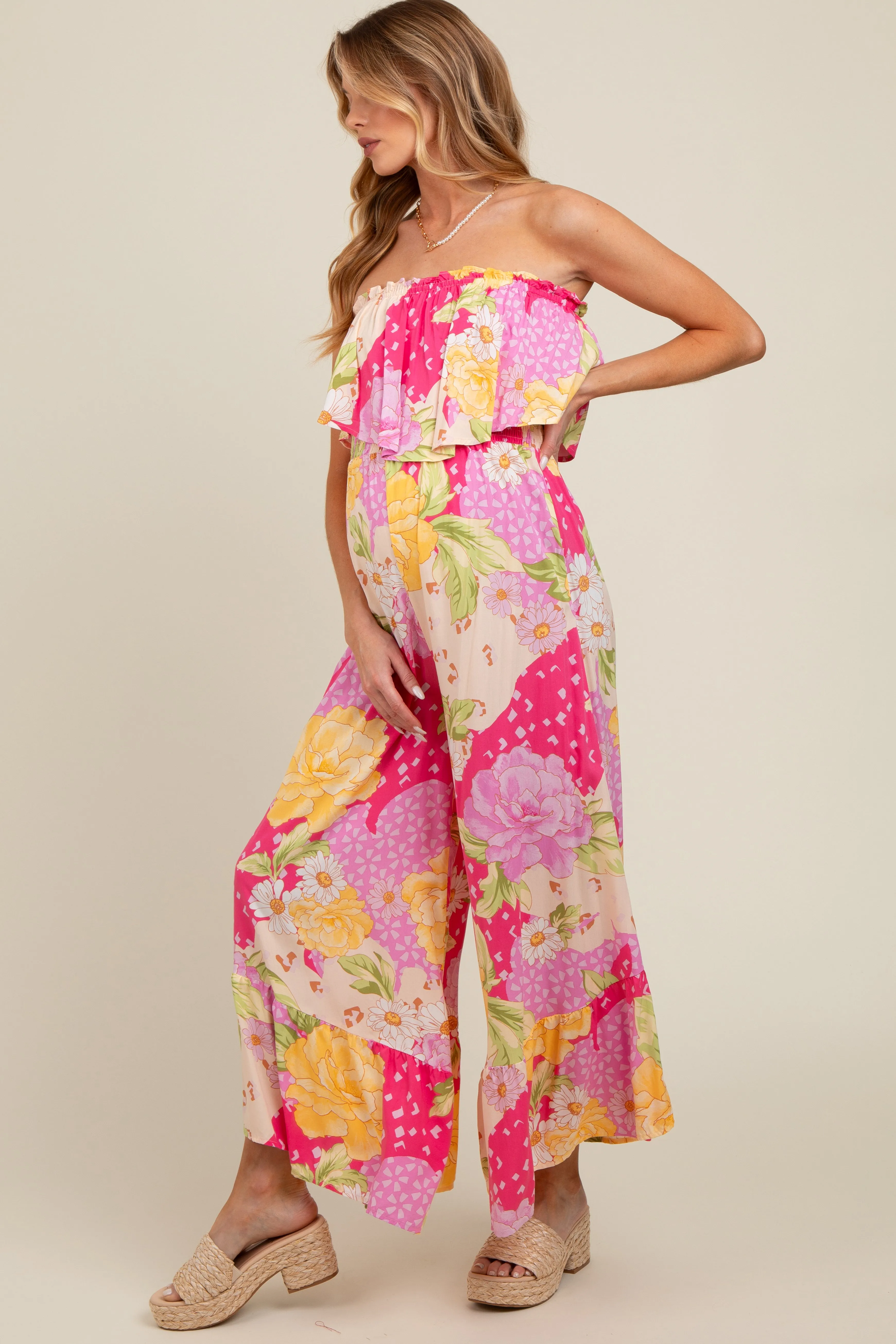 Multi-Color Floral Strapless Ruffle Wide Leg Maternity Jumpsuit sold by Pinkblush product image thumbnail 4