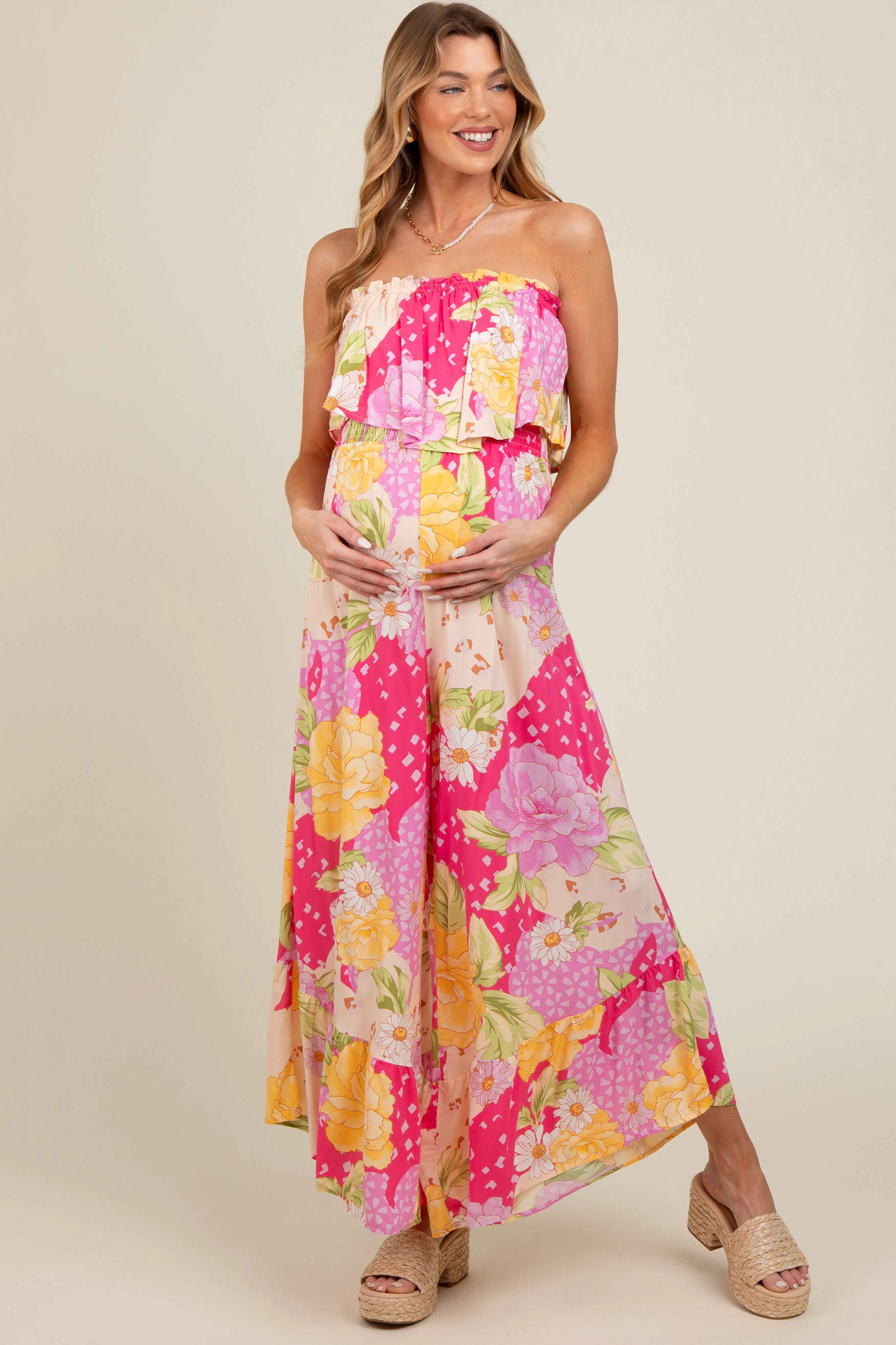 Multi-Color Floral Strapless Ruffle Wide Leg Maternity Jumpsuit sold by Pinkblush