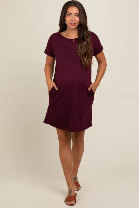 Burgundy Short Sleeve T-Shirt Maternity Dress sold by Pinkblush