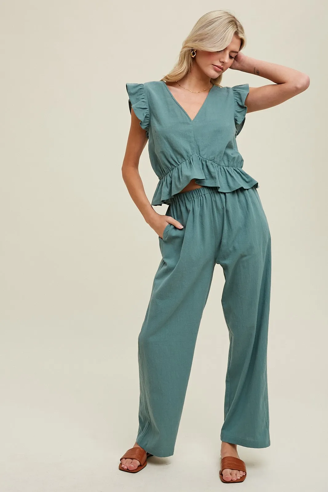 Green Ruffle Relaxed Crop Top And Pants Set sold by Pinkblush product image thumbnail 2