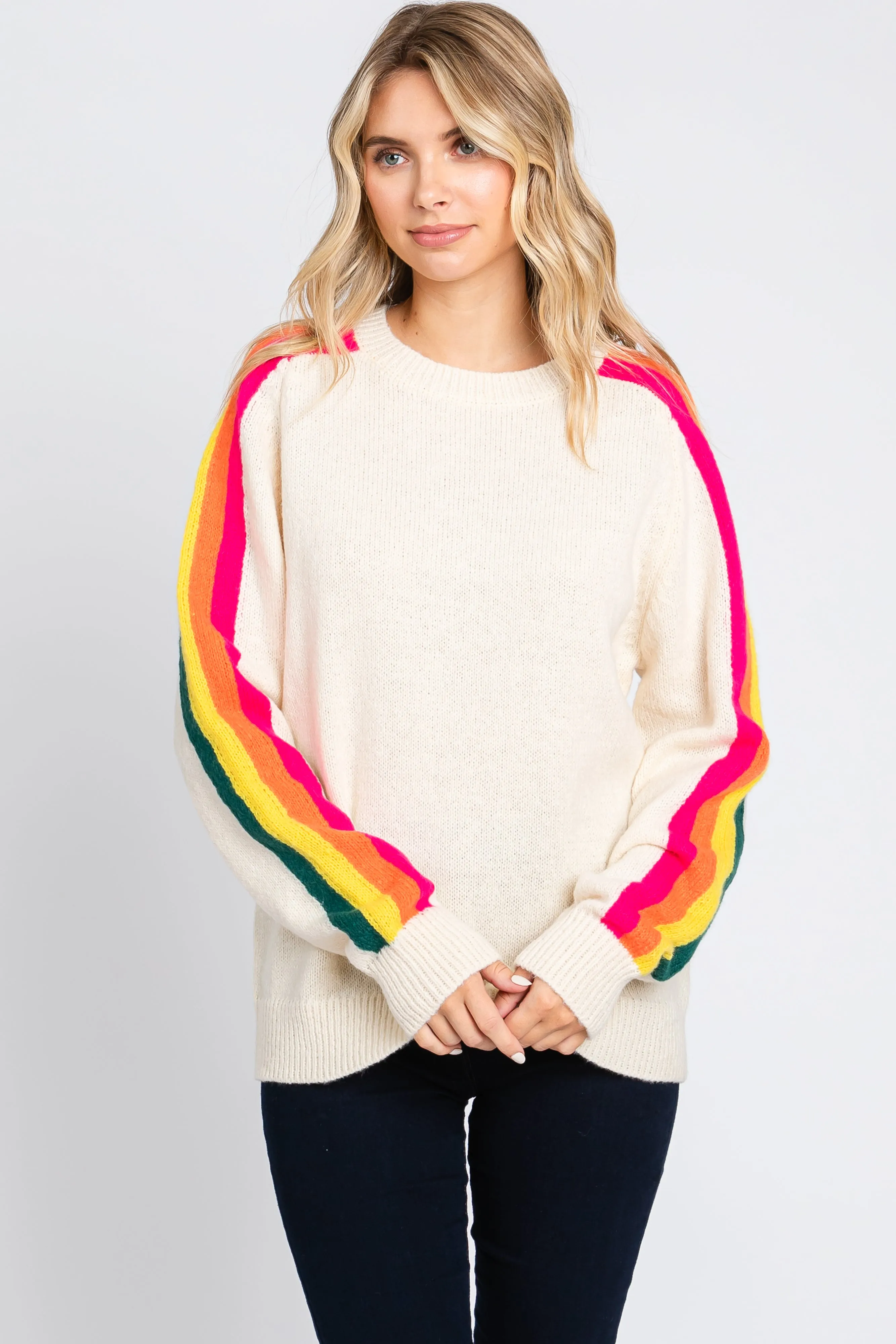 Ivory Multicolor Striped Sleeve Sweater sold by Pinkblush