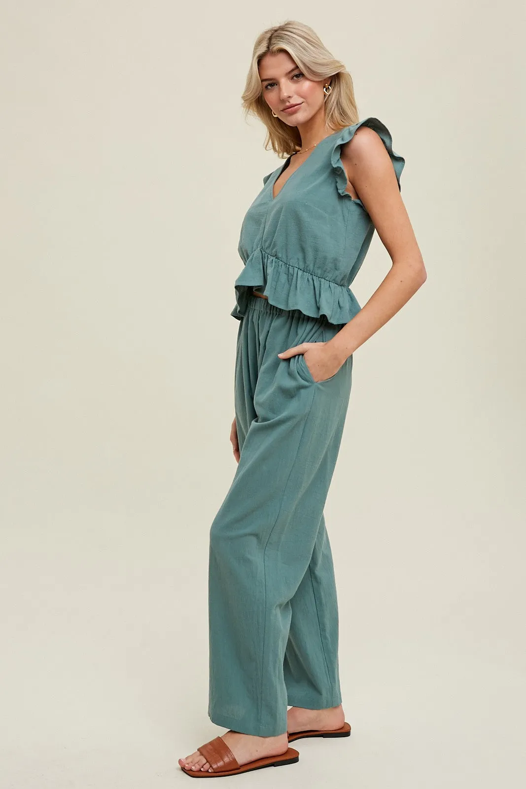 Green Ruffle Relaxed Crop Top And Pants Set sold by Pinkblush product image thumbnail 3