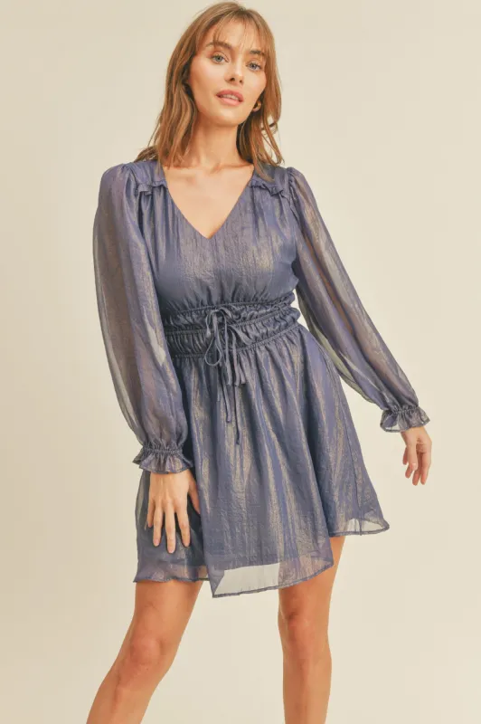 Dusty Navy Gold Foil Tiered Smocked Waist Mini Dress sold by Pinkblush