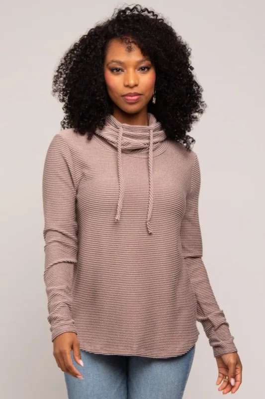 Taupe Ribbed Long Sleeve Hooded Top sold by Pinkblush