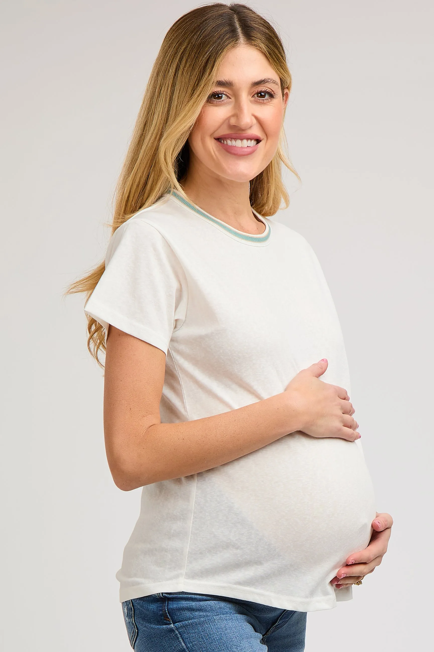 Ivory Contrast Neck Band Short Sleeve Maternity Top sold by Pinkblush product image thumbnail 2