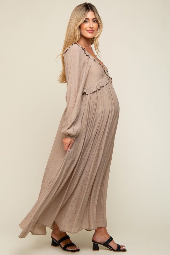 Taupe Long Sleeve Ruffle Accent Maternity Maxi Dress sold by Pinkblush product image thumbnail 3