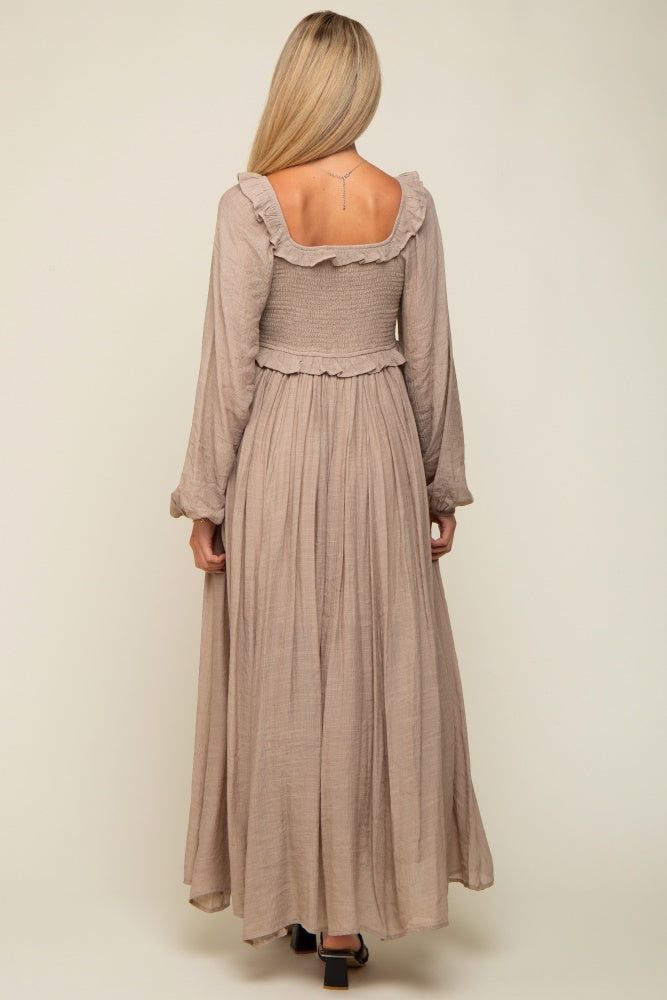 Taupe Long Sleeve Ruffle Accent Maternity Maxi Dress sold by Pinkblush product image thumbnail 4