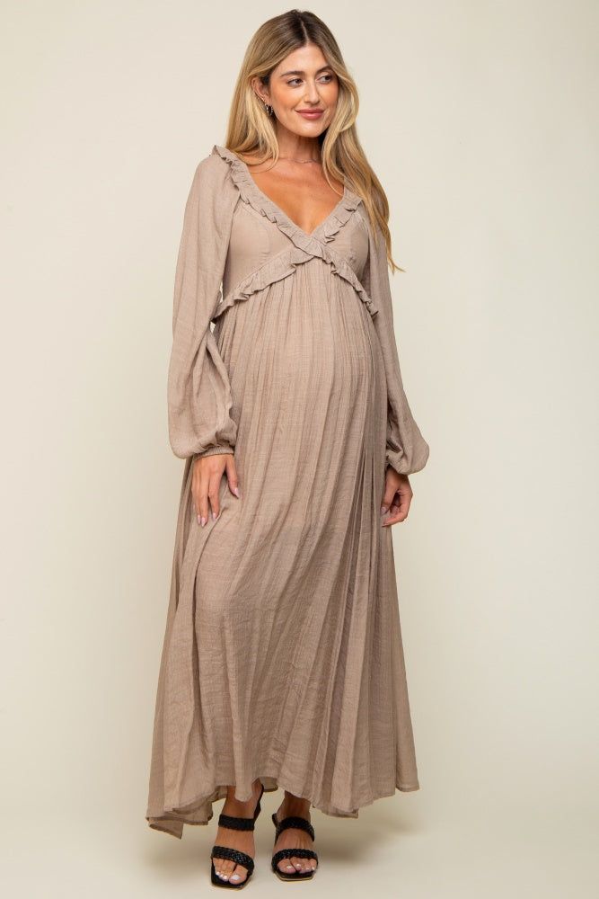 Taupe Long Sleeve Ruffle Accent Maternity Maxi Dress sold by Pinkblush