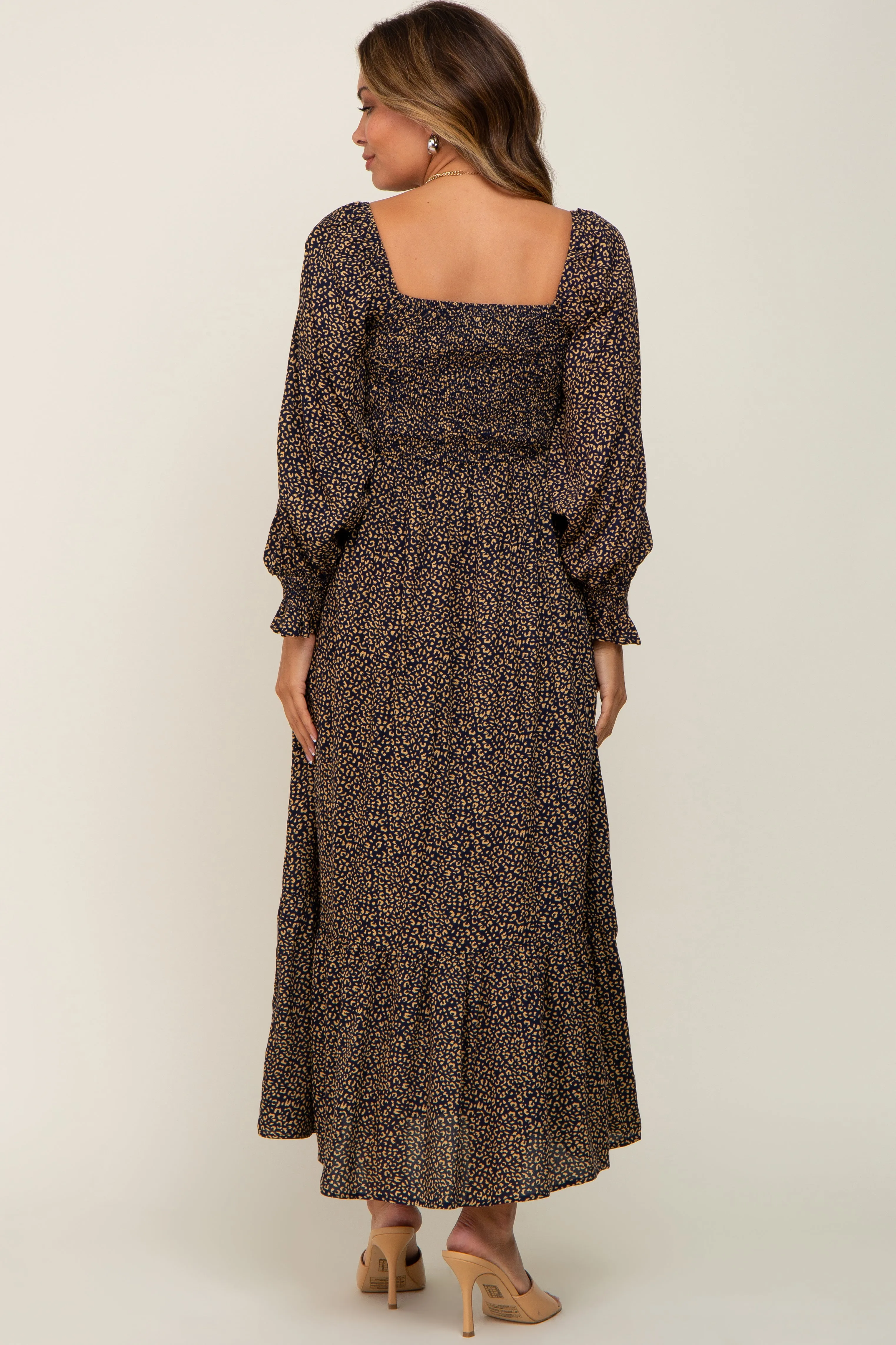 Black Leopard Print Square Neck Smocked Maternity Midi Dress sold by Pinkblush product image thumbnail 4