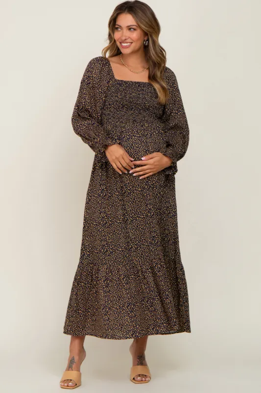 Black Leopard Print Square Neck Smocked Maternity Midi Dress sold by Pinkblush