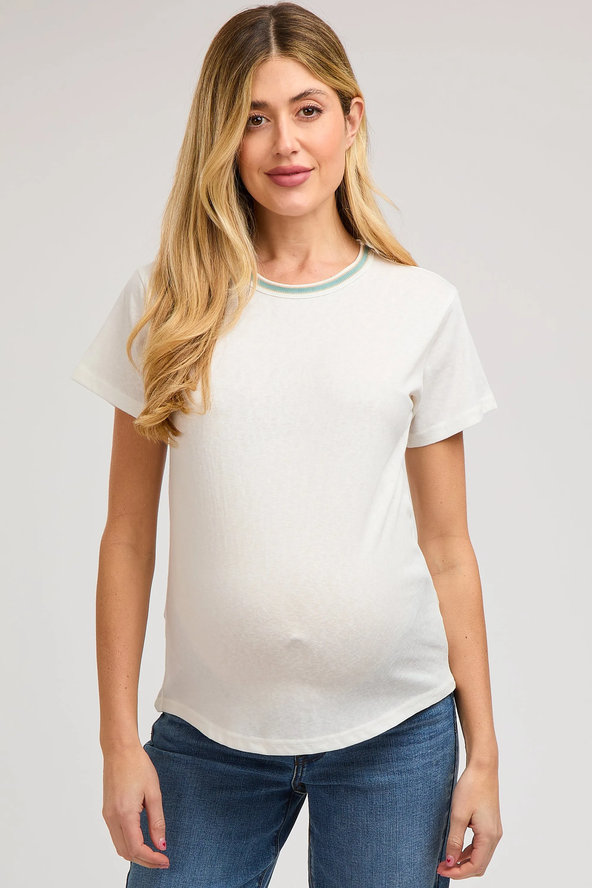 Ivory Contrast Neck Band Short Sleeve Maternity Top sold by Pinkblush