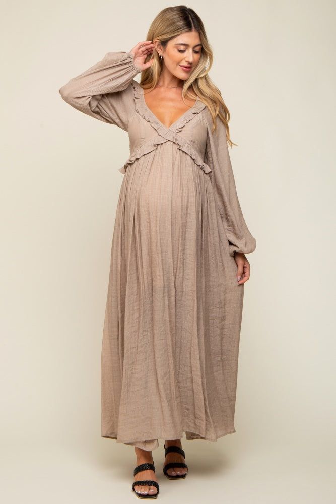Taupe Long Sleeve Ruffle Accent Maternity Maxi Dress sold by Pinkblush product image thumbnail 5