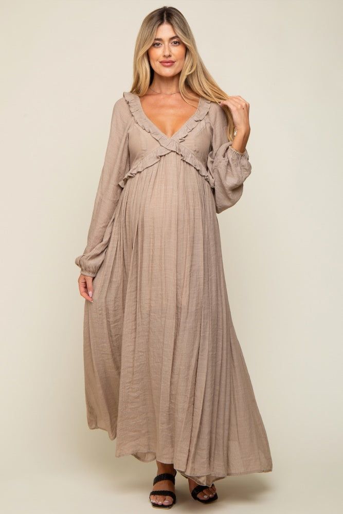 Taupe Long Sleeve Ruffle Accent Maternity Maxi Dress sold by Pinkblush product image thumbnail 2